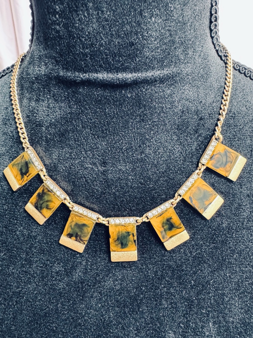J.Crew Tortoise Lucite Crystal Statement Necklace Gold Tone Bib Adjustable